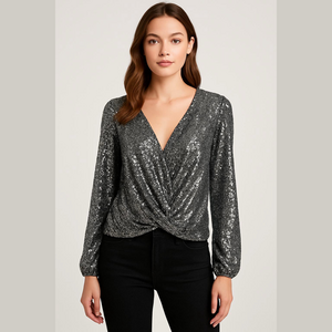 Cable & Gauge Dark Green and Silver Sequin Long Sleeve Wrap Blouse